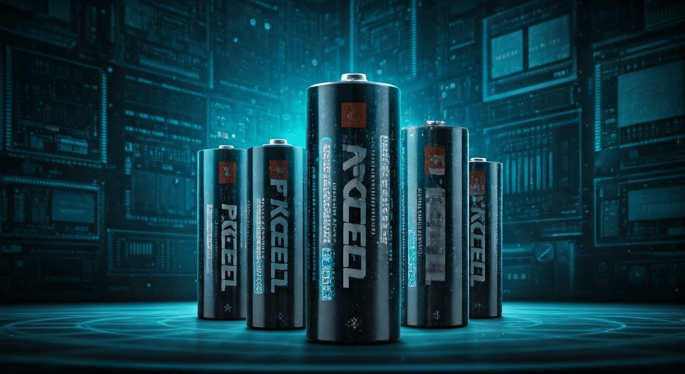 Varietà di batterie Pkcell in esposizione.