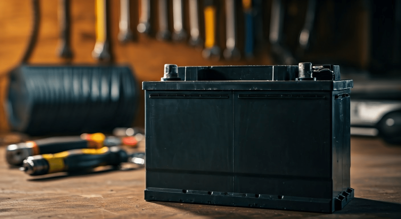 Lead acid battery in garage setting.